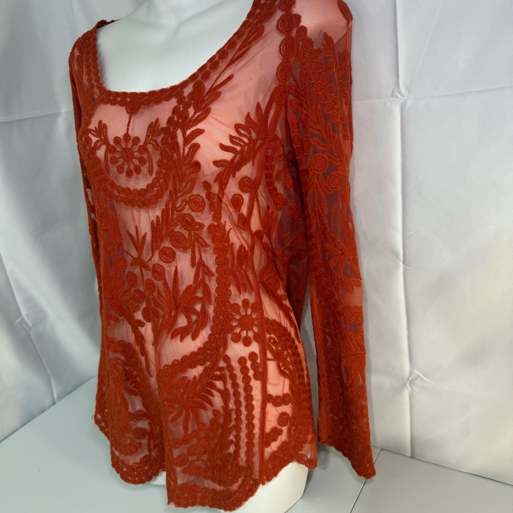Umgee Burnt Orange Lace Sheer Boho Tunic Top Bell Sleeve M/L - Picture 5 of 11